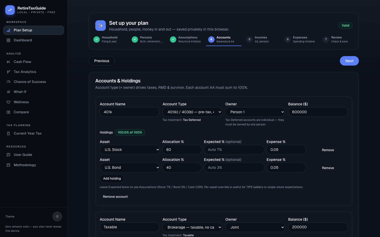 Wizard Accounts step: account card with name, type, owner, balance, and a holdings table with allocation percentages