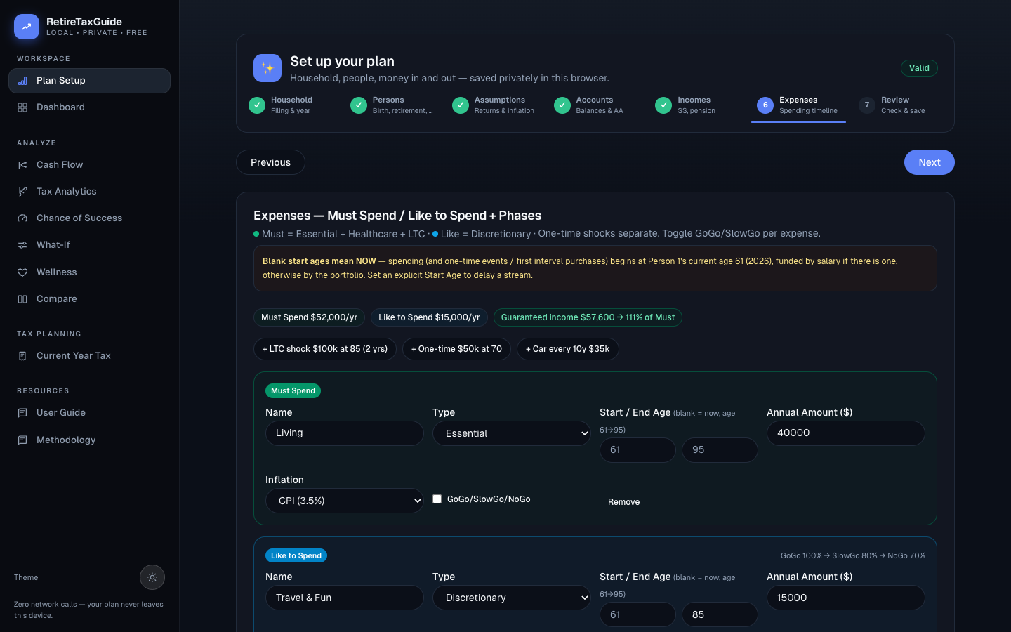 Wizard Expenses step: category legend, coverage chips, quick-add buttons, and Must and Like expense cards