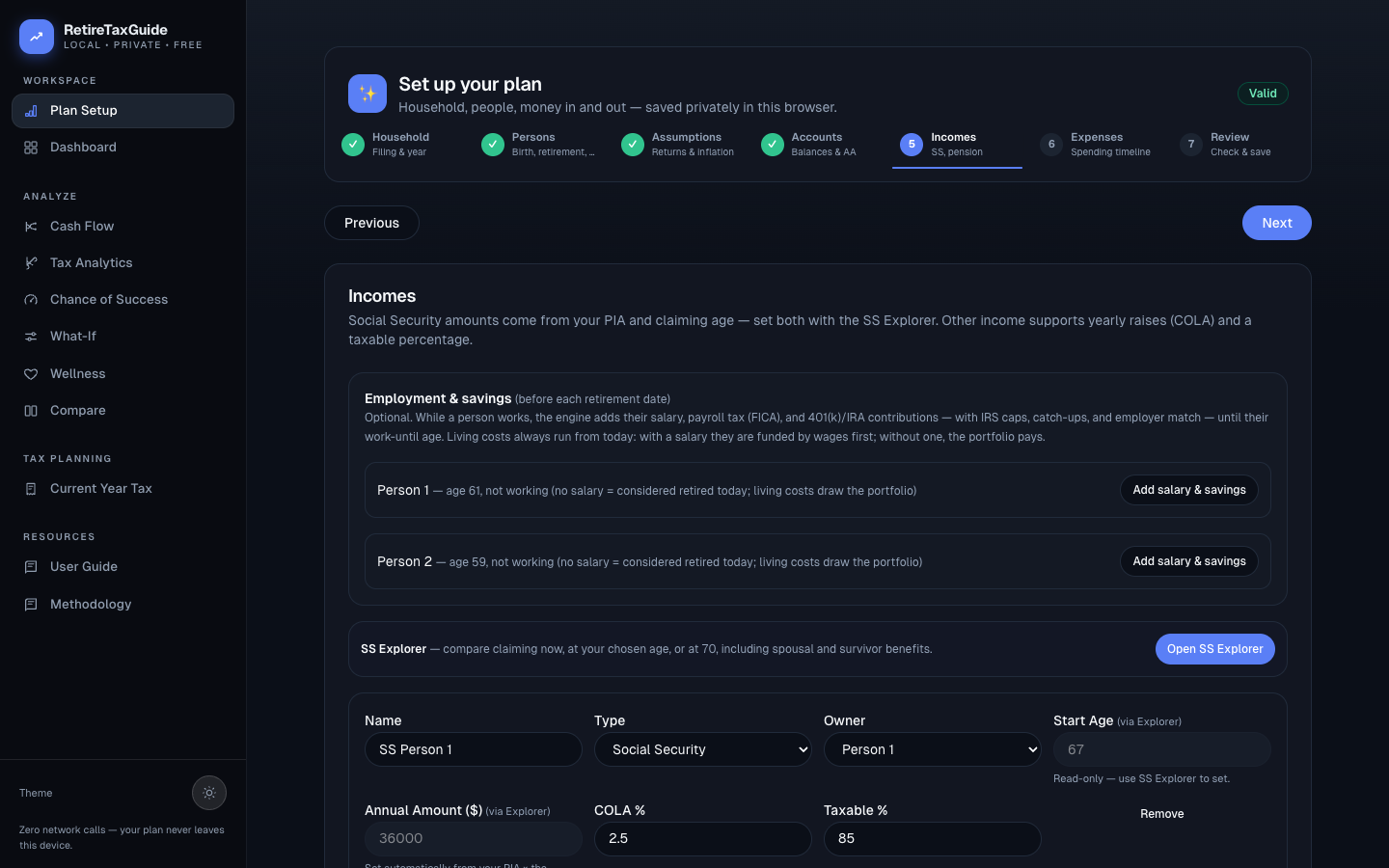 Wizard Incomes step: employment and savings rows, the SS Explorer toggle, and an income card with read-only Explorer-driven fields